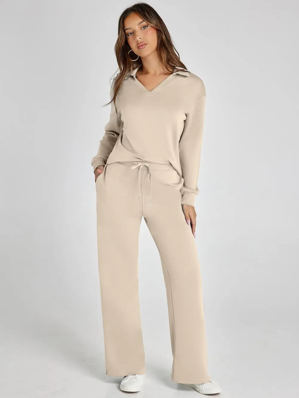 Women's 2 Piece Sets Outfits Casual Long Sleeve Sweatsuits Polo Top and Wide Leg Pants Matching Sets