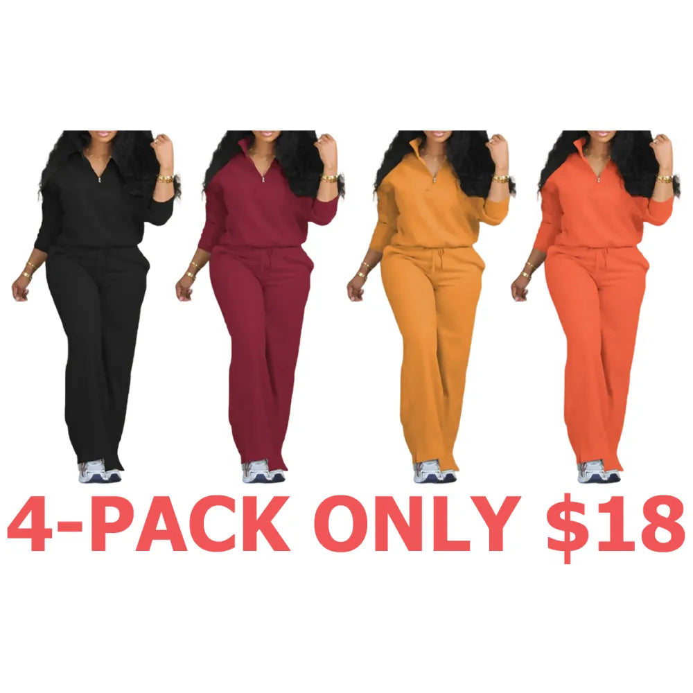 Women's Solid Half Placket Split Hem Pants Set