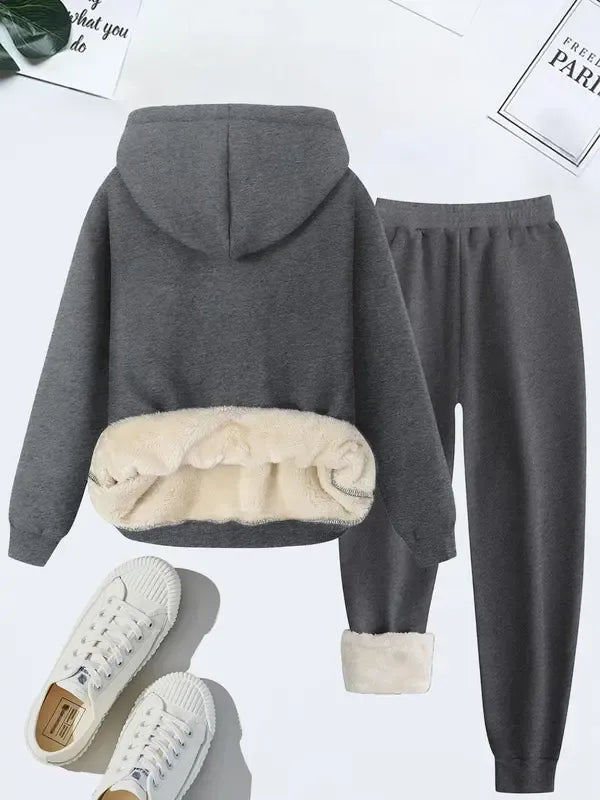 Women's Thermal Lined Solid Color Hoodie & Drawstring Waist Pants Two-piece Set