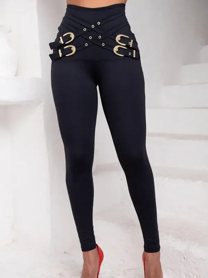 Women's Criss Cross Metal Buckle Decor High Waist Rise Leggings