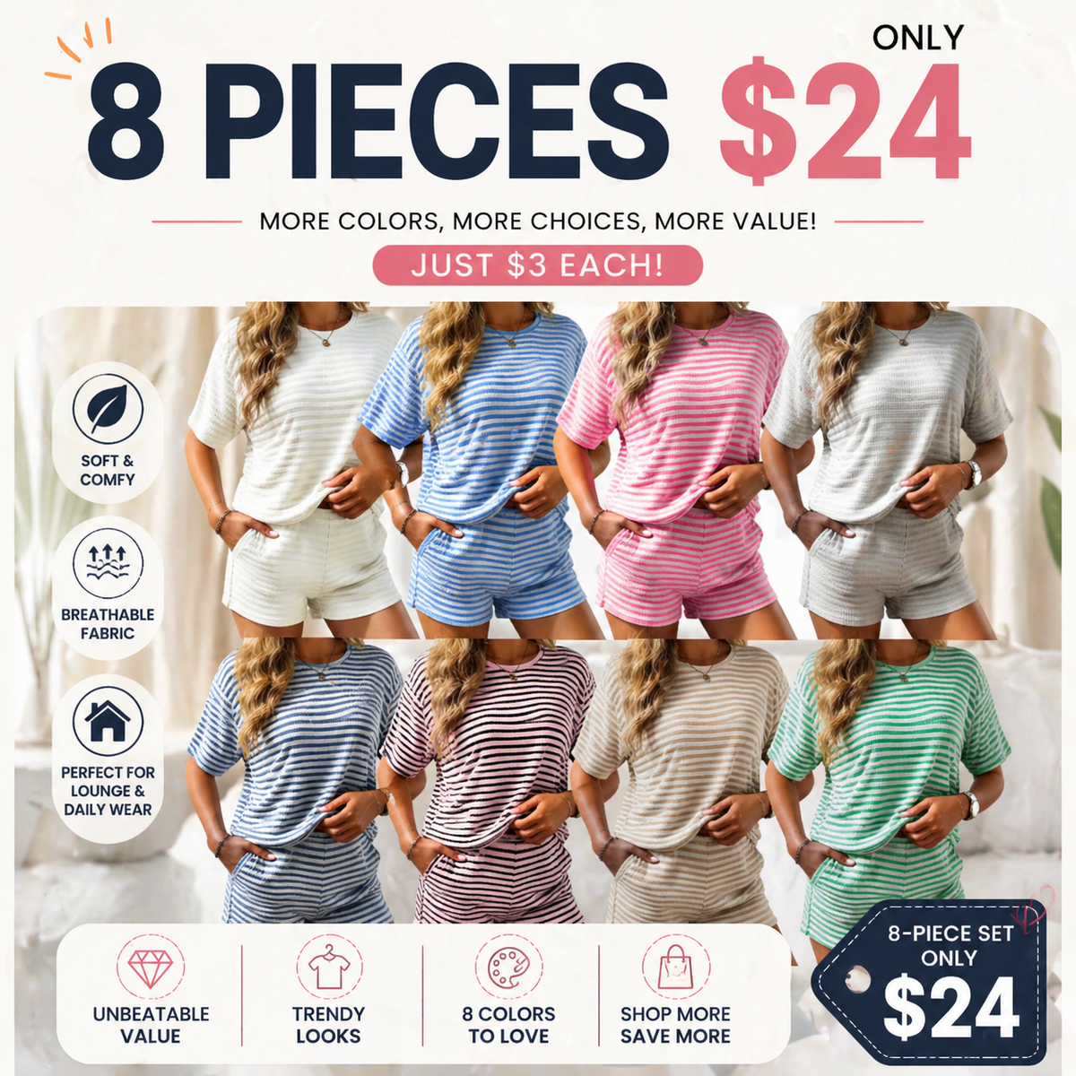 Women's  Striped 2 Piece Outfits Short Sleeve Shirts Tops Knit Shorts Sets