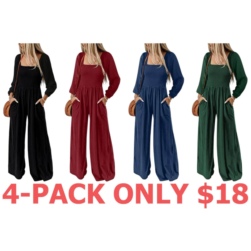 Women's Casual Loose Overalls Jumpsuits One Piece Long Sleeve Wide Leg Long Pant Rompers With Pockets