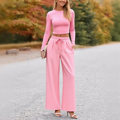 2-Piece Ribbed Knit Long Sleeve Crop Top Wide Leg Pants Matching Lounge Set Loungewear