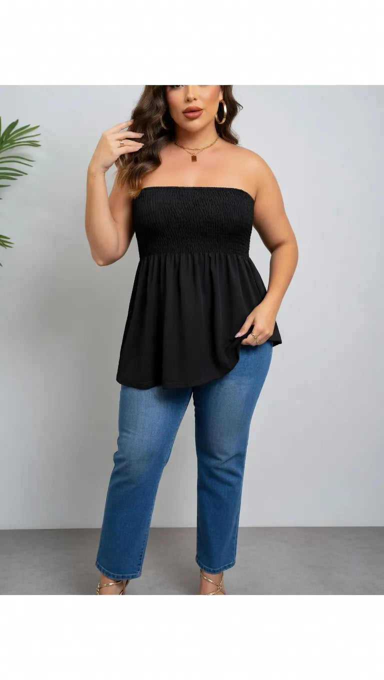 Plus Size Solid Ruffle Hem Shirred Tube Top