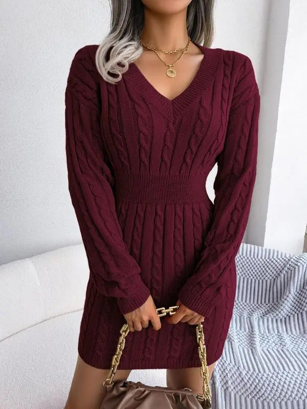 Women's Cable Knit Sweater Dress With V Neck