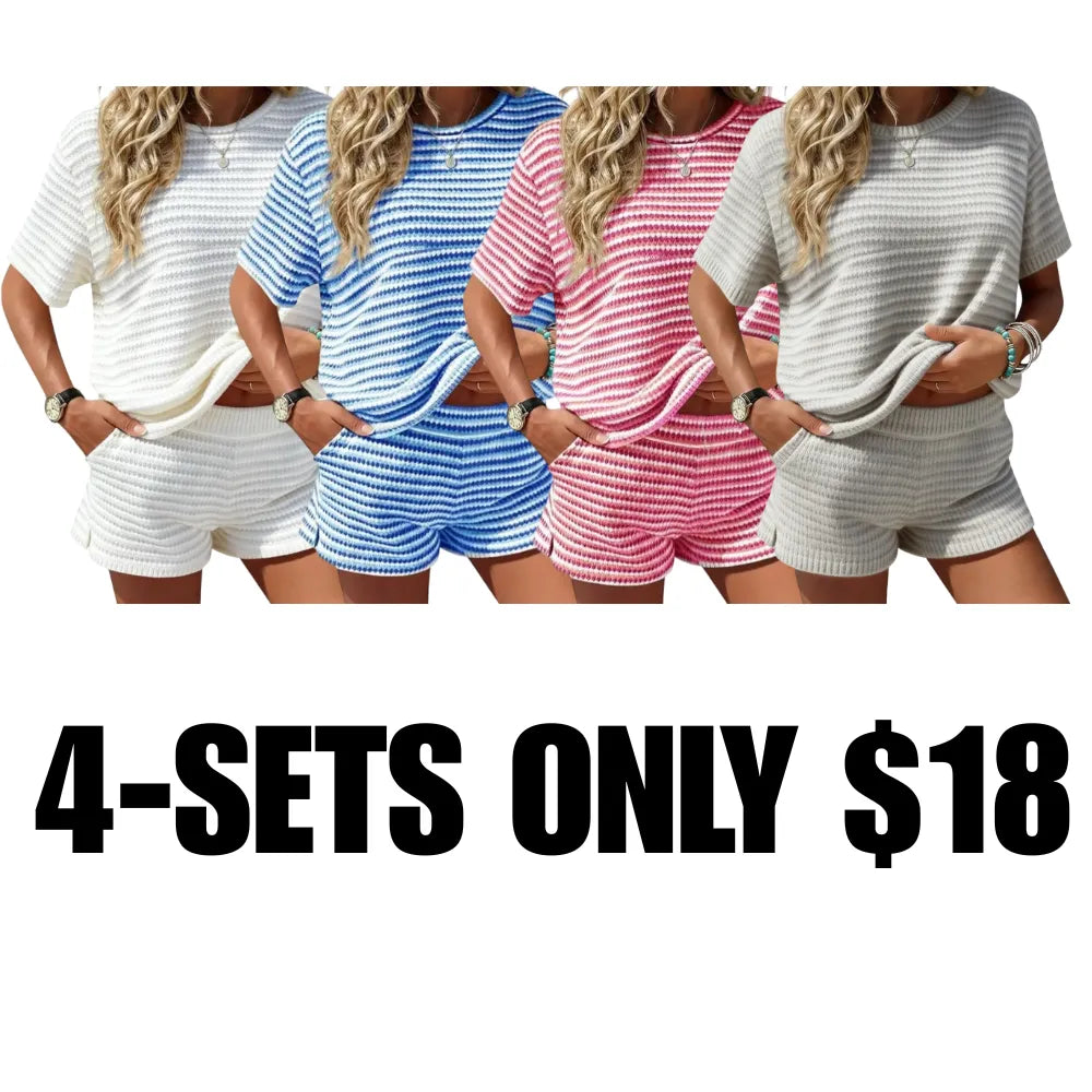 Women's  Striped 2 Piece Outfits Short Sleeve Shirts Tops Knit Shorts Sets