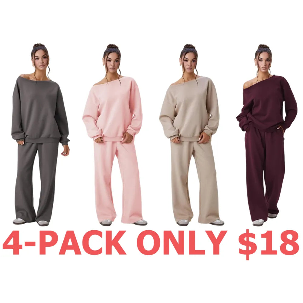 Women's Leisure Solid Color Sloping Shoulder Long Sleeve Top & Wide Leg Trousers Co-ord