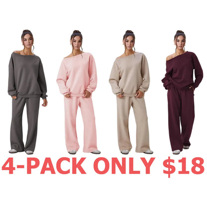 Women's Leisure Solid Color Sloping Shoulder Long Sleeve Top & Wide Leg Trousers Co-ord