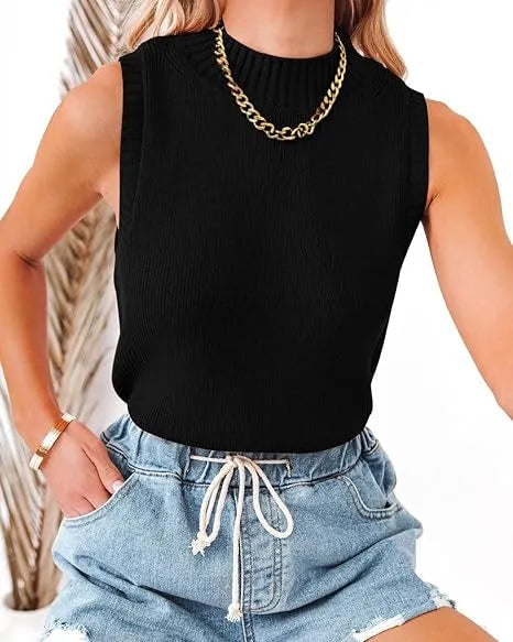 Women Knit Tank Tops Sleeveless Turtleneck Cami Shirts Sweater Vests