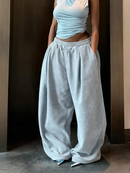 Women's Solid Drawstring High Waist Wide Leg Pants