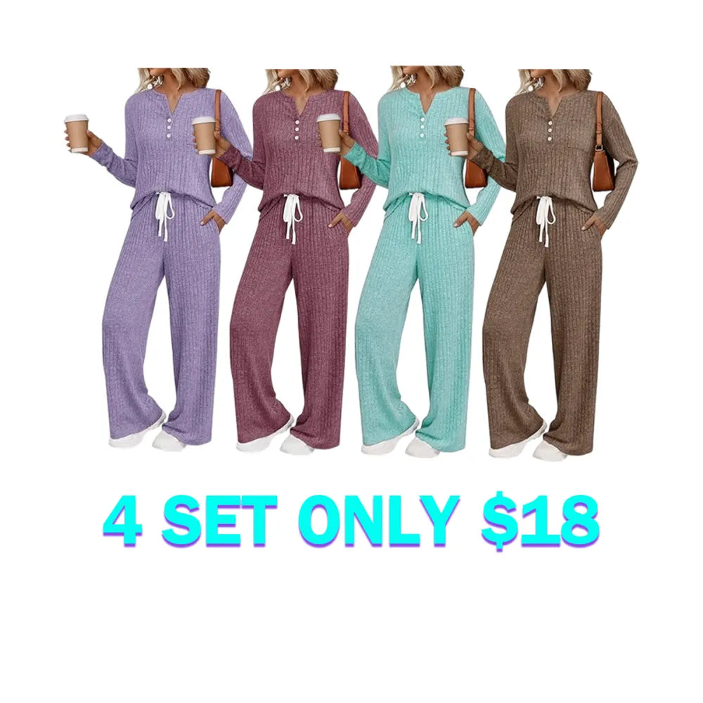 Womens 2 Piece Lounge Sets Fall Outfits Henley Neck Sweater 2025 Matching Sweat Suits Comfy Pajamas Clothes Pockets