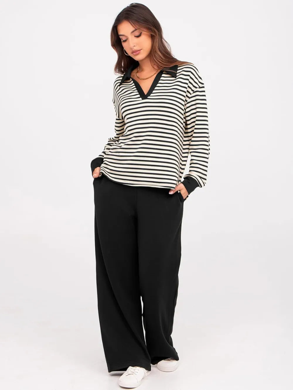 Women's 2 Piece Sets Outfits Casual Long Sleeve Sweatsuits Polo Top and Wide Leg Pants Matching Sets