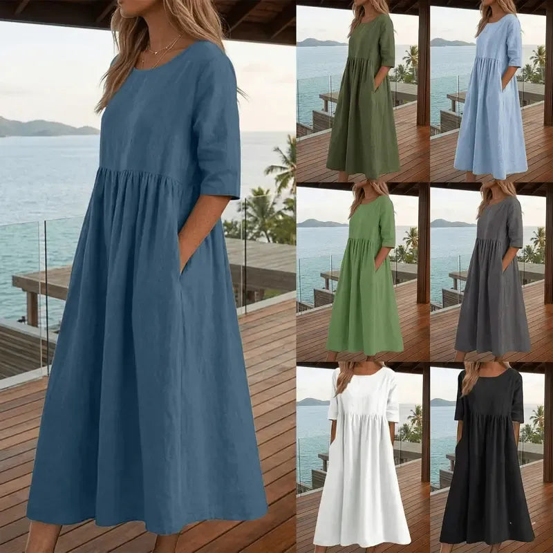 Cotton and Linen Casual Short Sleeve Pocket Dress