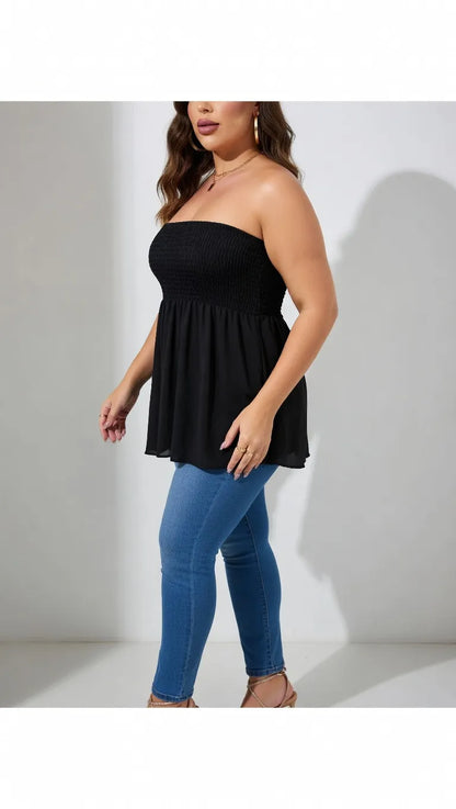 Plus Size Solid Ruffle Hem Shirred Tube Top