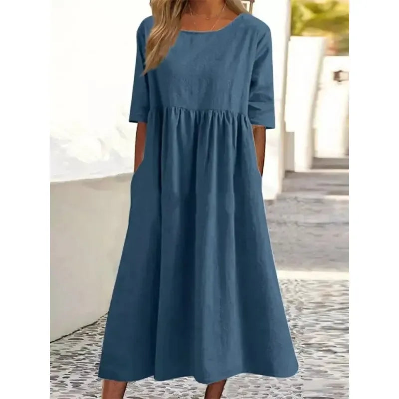 Cotton and Linen Casual Short Sleeve Pocket Dress