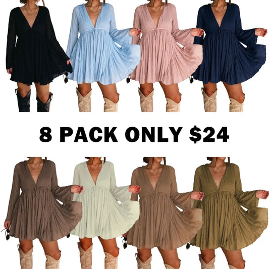 Women's V Neck Long Sleeve Dress with Pants Lining
