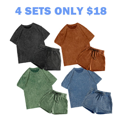 Two-piece Set Women's Solid Color Denim-effect Print Tee & Shorts