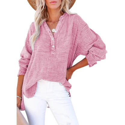 Women's Casual Button V Neck Long Sleeve Shirts