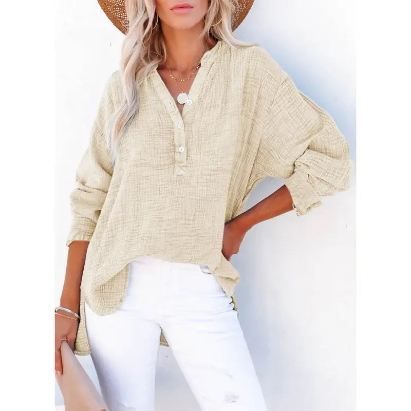 Women's Casual Button V Neck Long Sleeve Shirts