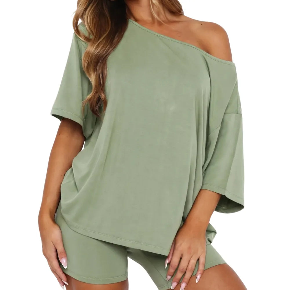 Women’s Casual Two Piece Lounge Set Off Shoulder Top & Fitted Shorts Springtok SpringStatements