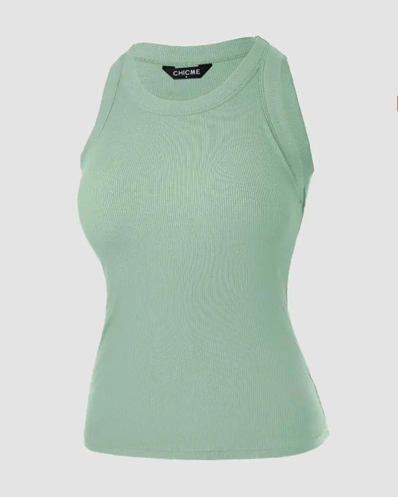 O-Neck Knit Sleeveless Basic Slim Fit Tummy Control Tank Casual Top(Without Pads)