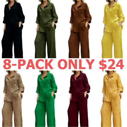 Women's Solid Color Shirt & Wide Leg Pants Set