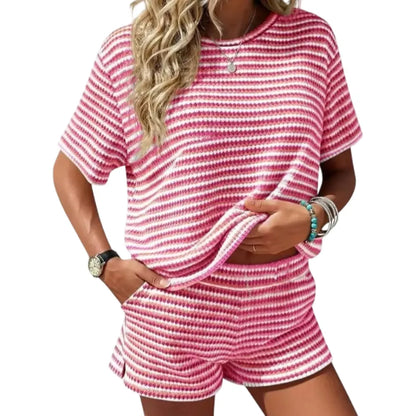 Women's  Striped 2 Piece Outfits Short Sleeve Shirts Tops Knit Shorts Sets