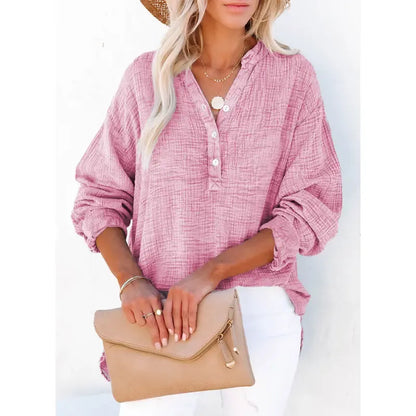 Women's Casual Button V Neck Long Sleeve Shirts