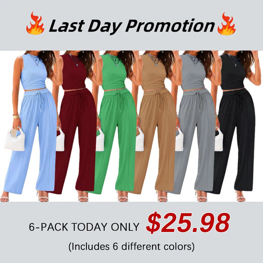 Women Summer 2 Piece Outfits Ribbed Knit Cropped Top Elastic Waist Wide Leg Pants Lounge Set