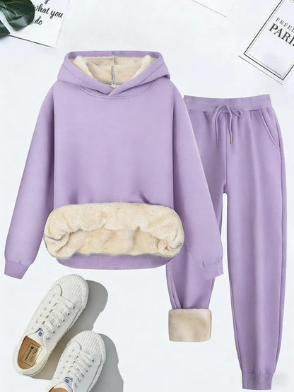Women's Thermal Lined Solid Color Hoodie & Drawstring Waist Pants Two-piece Set