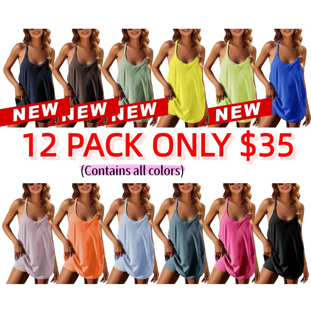 Women's Athletic Sleeveless Mini Dress with Built-in Shorts Summer V Neck Spaghetti Strap Short