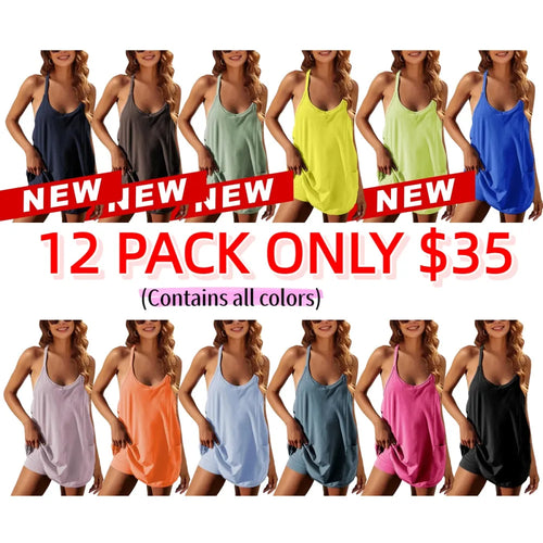 Women's Athletic Sleeveless Mini Dress with Built-in Shorts Summer V Neck Spaghetti Strap Short
