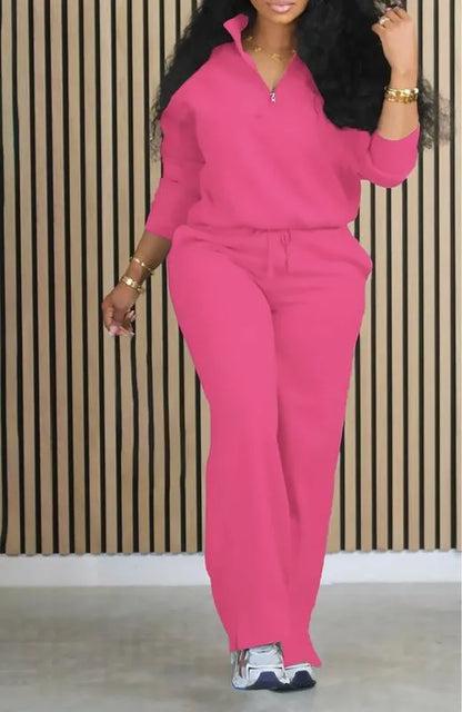Women's Solid Half Placket Split Hem Pants Set