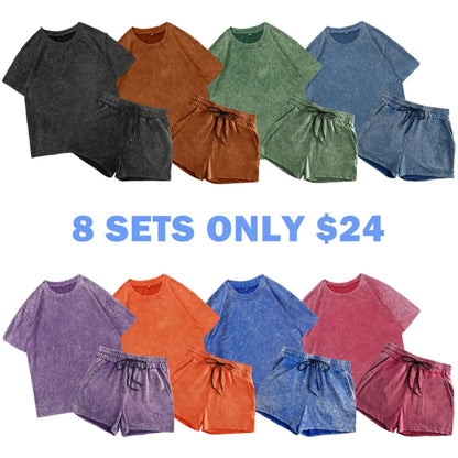 Two-piece Set Women's Solid Color Denim-effect Print Tee & Shorts