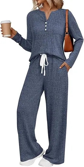 Womens 2 Piece Lounge Sets Fall Outfits Henley Neck Sweater 2025 Matching Sweat Suits Comfy Pajamas Clothes Pockets