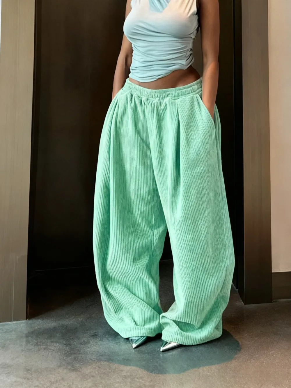 Women's Solid Drawstring High Waist Wide Leg Pants