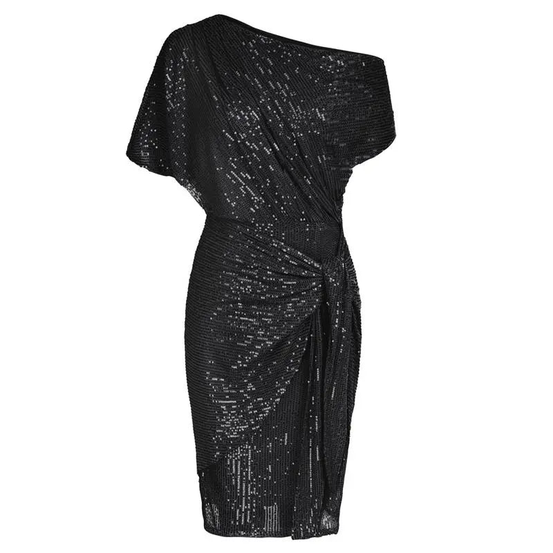 Women Sequined Party Dress Short Sleeve Asymmetric Off Shoulder Bodycon Dress