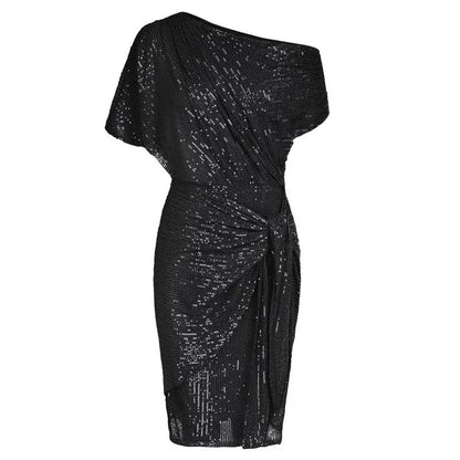 Women Sequined Party Dress Short Sleeve Asymmetric Off Shoulder Bodycon Dress