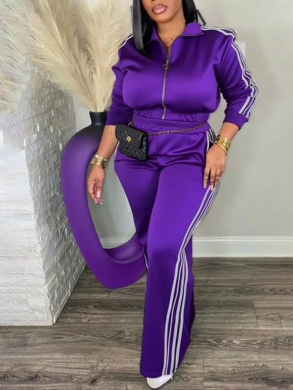 Women's Casual Long Sleeve Zip Up Jacket & Pants Set for Spring & Fall