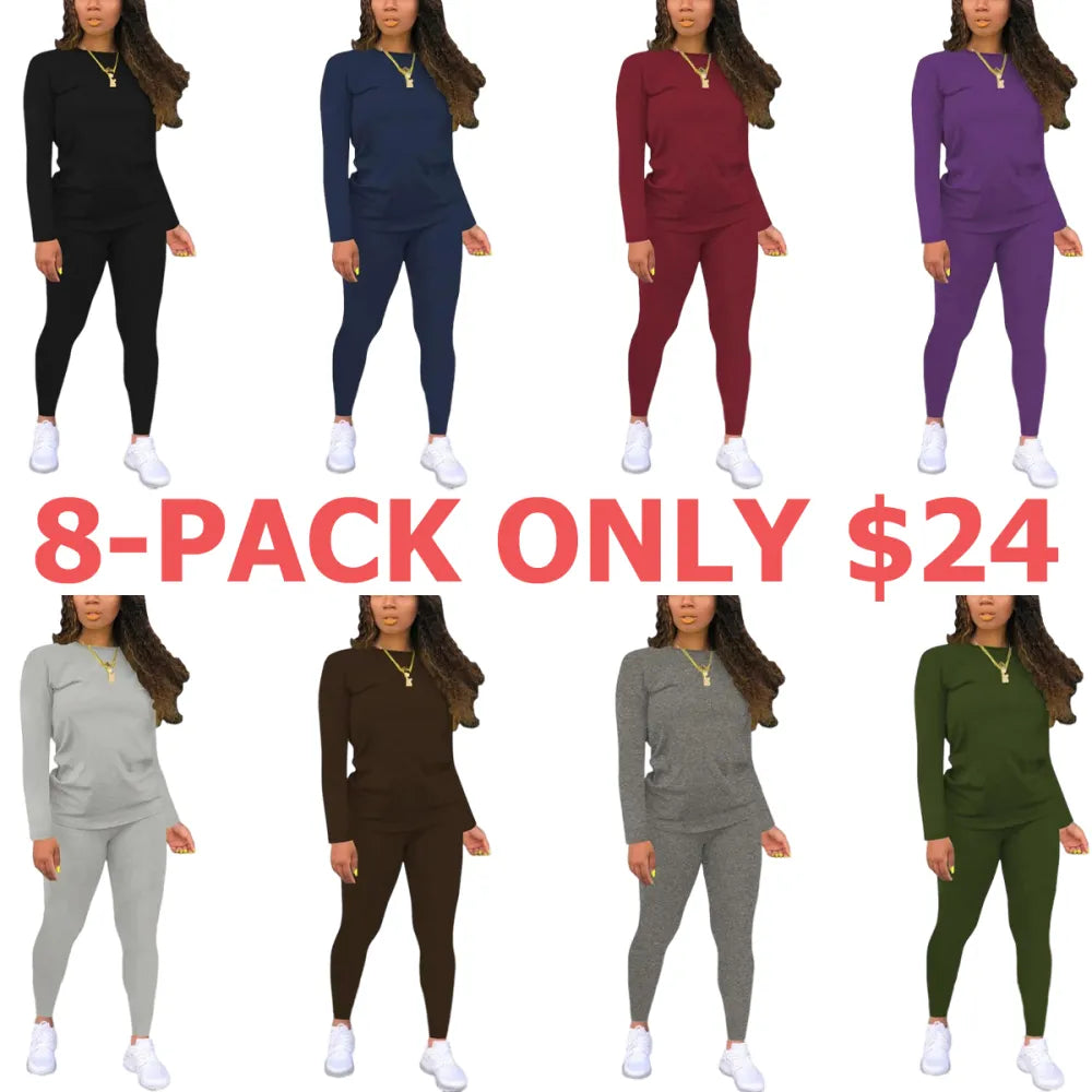 Women's Minimalist Chic Solid Long Sleeve & Elastic Waist Pants Set