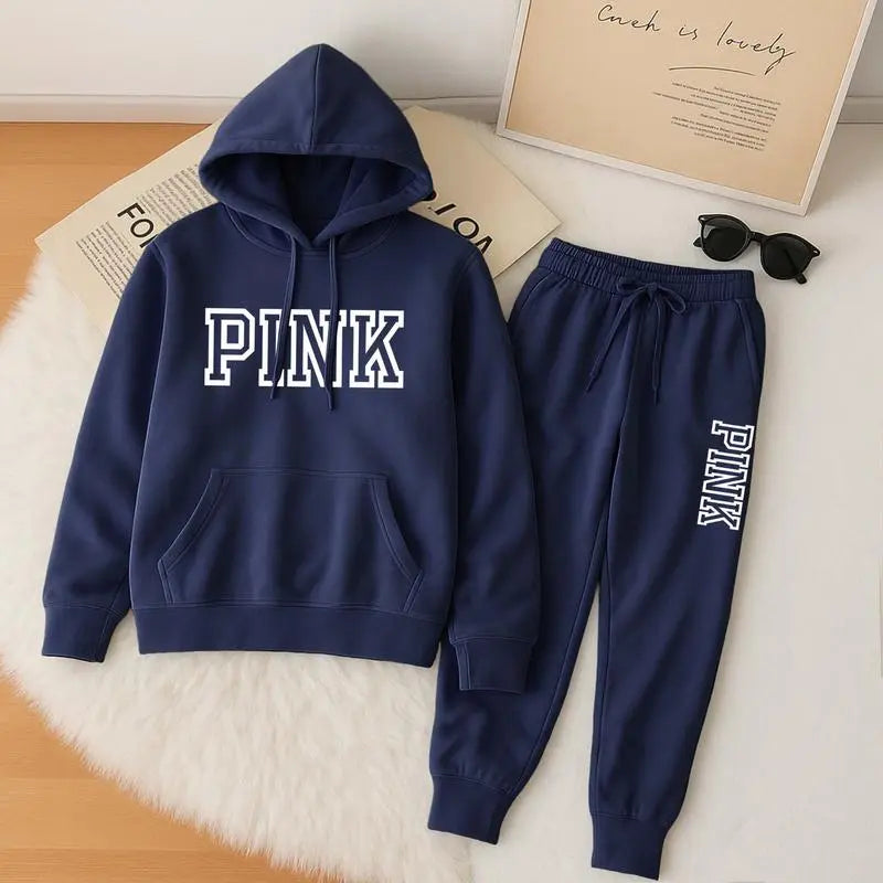 Women's Pink Print Hoodie And Drawstring Track Pants Set, Casual Sportswear, Long-Sleeved Hooded Jacket And Pants, Suitable For Autumn And Winter, Everyday Wear, Indoor And Outdoor Sportswear, Casual Sportswear.