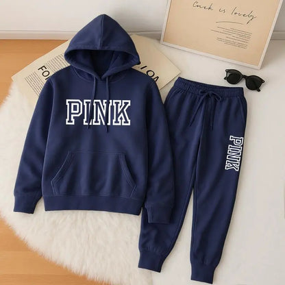 Women's Pink Print Hoodie And Drawstring Track Pants Set, Casual Sportswear, Long-Sleeved Hooded Jacket And Pants, Suitable For Autumn And Winter, Everyday Wear, Indoor And Outdoor Sportswear, Casual Sportswear.