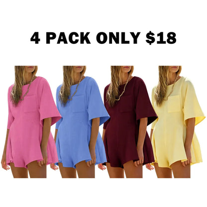 Short Sleeve Crew Neck Loose Jumpsuits with Pocket