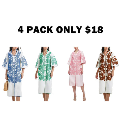 Women Casual V-Neck Mid Dress Floral Embroidery 3/4 Sleeves