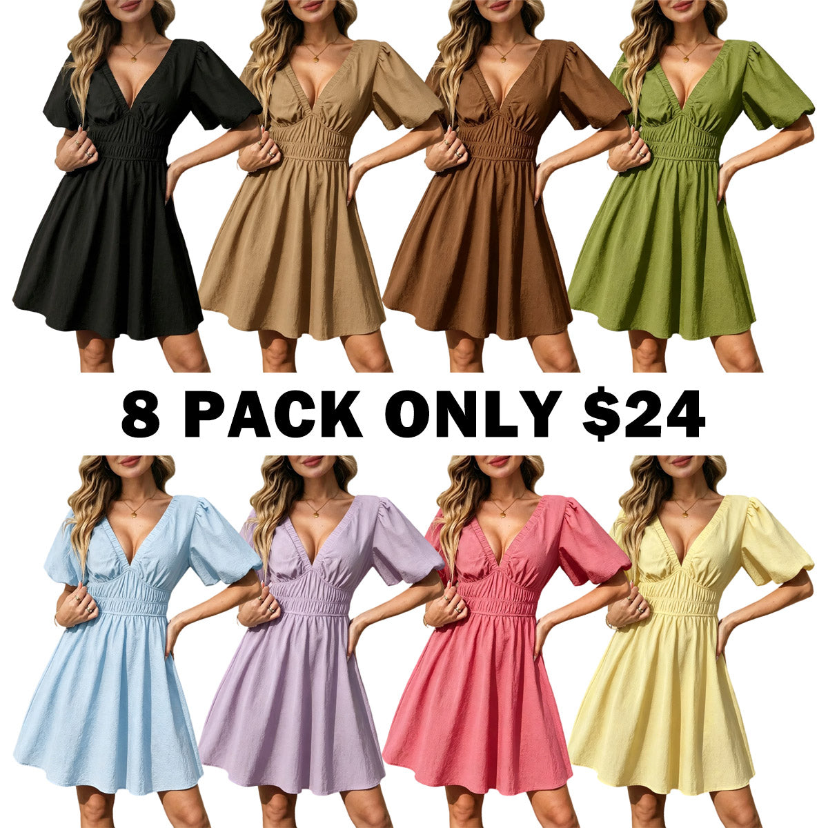 Women's Boho Puff Sleeve Textured Cotton Mini Dress with Pockets