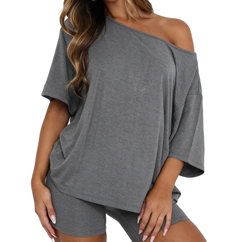 Women’s Casual Two Piece Lounge Set Off Shoulder Top & Fitted Shorts Springtok SpringStatements