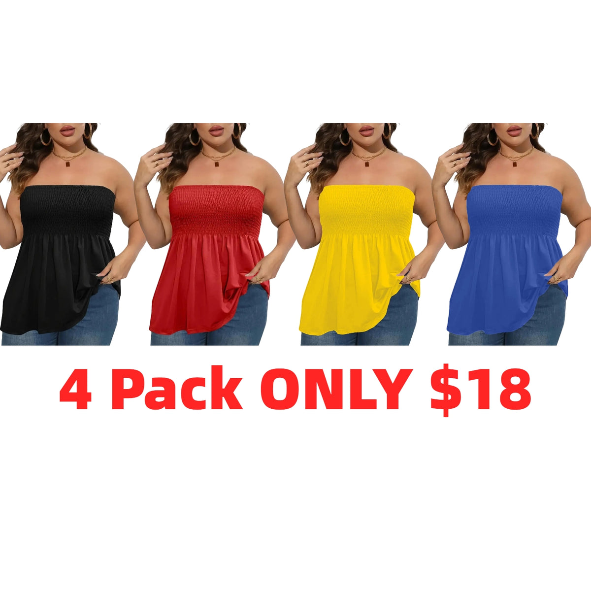 Plus Size Solid Ruffle Hem Shirred Tube Top