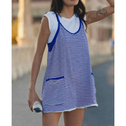 Women's Summer Sleeveless 4th Of July Striped Mini Dress with Built-in Shorts V Neck Spaghetti Straps Athletic Shorts Tennis Dress with Pockets
