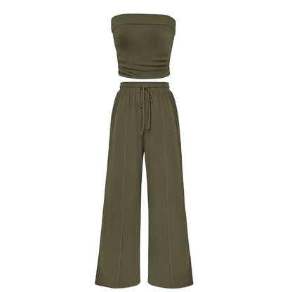 Women's Summer Outfits 2 Piece Sets Casual Ribbed Knit Crop Top & Wide Leg Pants