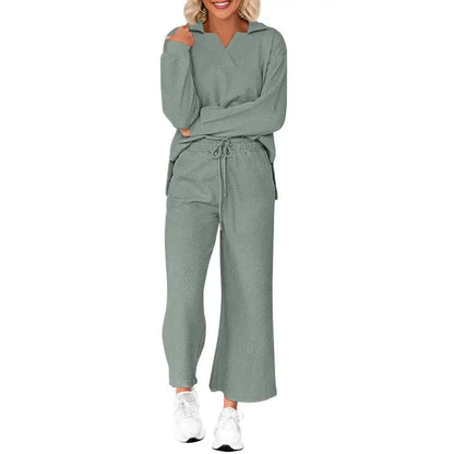 Women 2-Piece Outfit 2025 Fall Winter Lapel V Neck Long Sleeve Pullover and Wide Leg Pants Lounge Sets Pockets